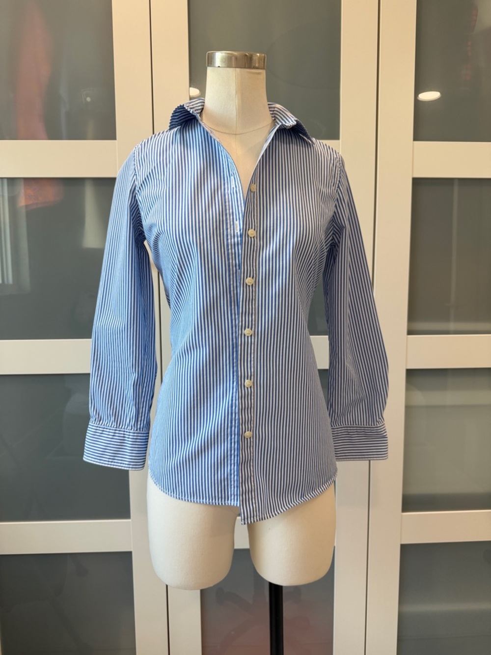 J. Crew Factory Blue & White Pinstripe Button-Down Blouse
